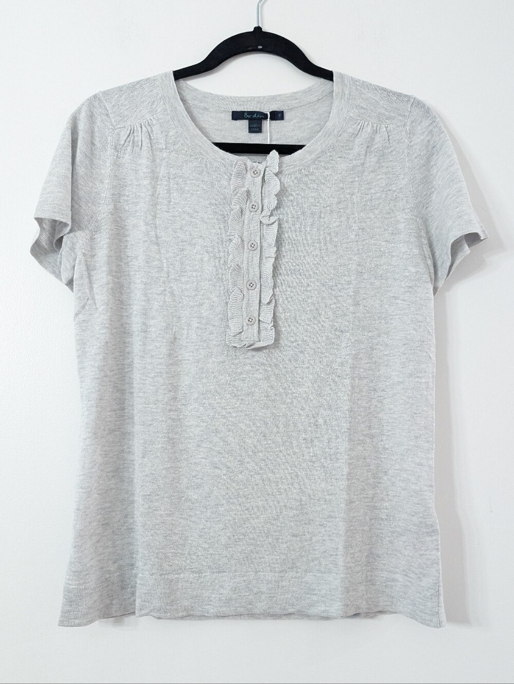 NWT Boden Womens Grey Linen Blend Ruffle Henley Short Sleeve Top Size US 14